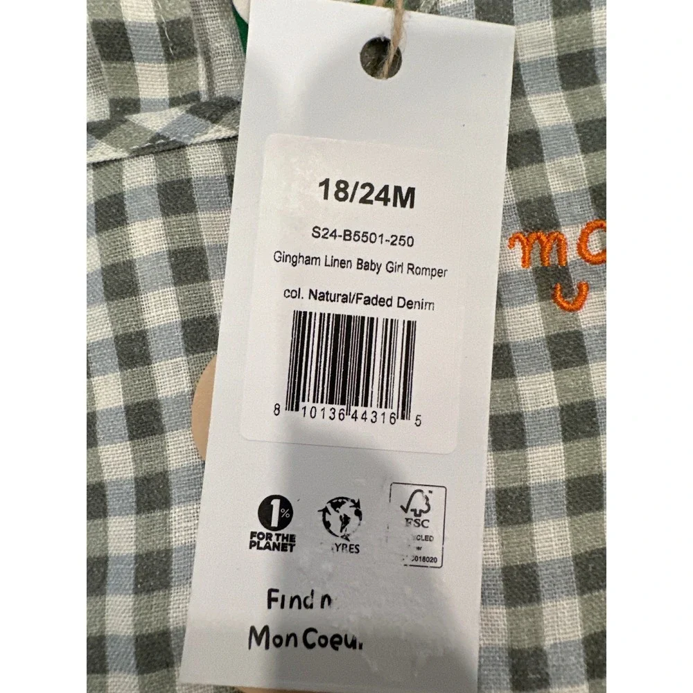 Mon Coeur Gingham Linen Baby Girl Romper 18-24M Cream Green NWT